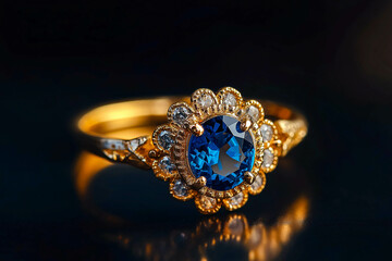 luxurious gold ring with blue sapphire isolated on black background.