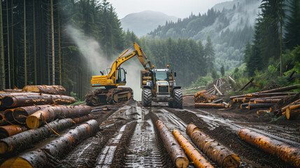 Logging. At the stage of loading cut down trees, the excavator loads them onto a tractor with a trailer against the backdrop of dense forest and fallen trees.