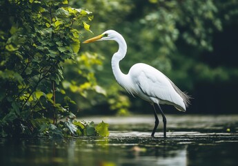 Obraz premium Elegant white heron standing gracefully in serene waters surrounded by lush green foliage, showcasing nature's beauty in a tranquil environment