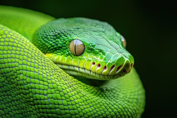 Fototapeta premium Vibrant green snake coiled gracefully, showcasing intricate scal