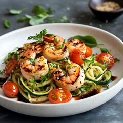 Grilled shrimp zucchini noodles kitchen food photography cozy atmosphere close-up healthy dining