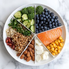 Colorful kitchen food photography healthy balanced plate with salmon grains veggies and nuts