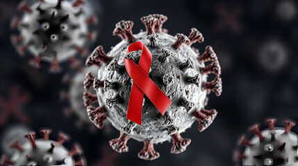 Detailed image of a HIV virus, showcasing the envelope proteins and viral RNA strands, ideal for AIDS research