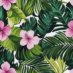 Vibrant floral pattern with pink hibiscus flowers and lush green tropical leaves. Seamless tile, texture
