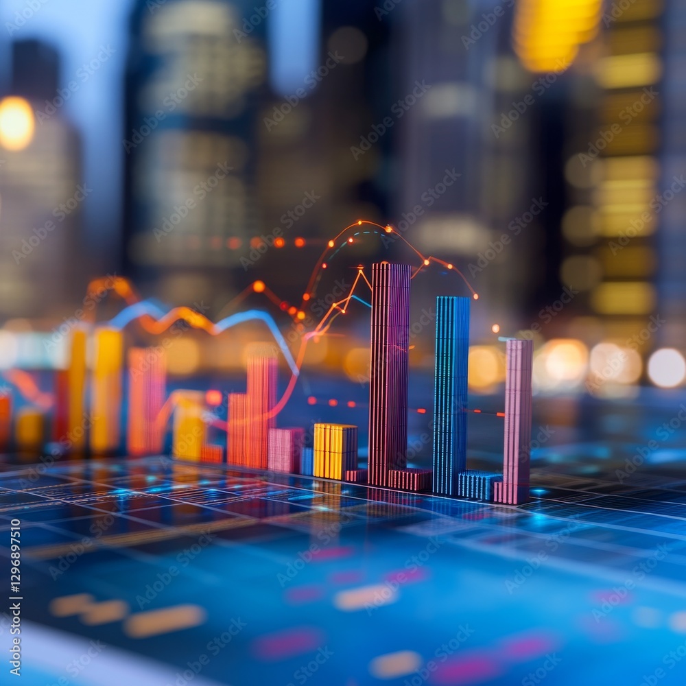 Poster Financial Data Visualization: Colorful Charts and Graphs Against a Cityscape Backdrop.