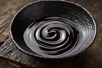 Dark Swirling Liquid in a Black Bowl on a Wooden Surface A Closeup Photography of Soy Sauce or Molasses