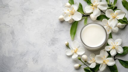 Exquisite Composition of Fragrant Jasmine Blooms Complemented by Stylish Cream Jar on Richly Textured Surface