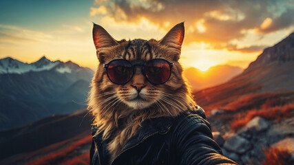 Obraz premium A stylish cat with sunglasses and a leather jacket enjoys a sunset view over the mountains.