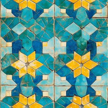 Intricate blue and yellow Moroccan zellige tile showcasing geometric patterns. Seamless texture