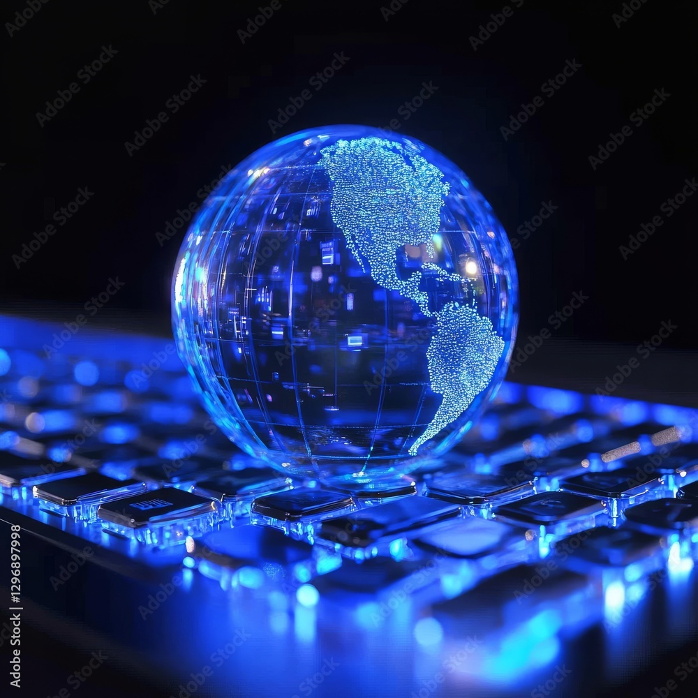 Leinwandbilder global connection: a luminous globe of the americas on a keyboard, illuminated with blue technology 