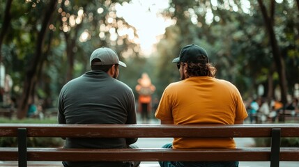Two men sit side by side on a bench in a park, enjoying a gentle conversation while embracing the serene environment and relaxed atmosphere around them.