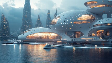 Fototapeta premium Futuristic city waterfront, evening, glowing buildings, watercraft