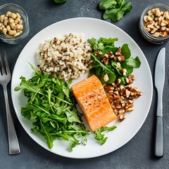 Casual dining healthy salmon salad with brown rice in modern top-down food photography