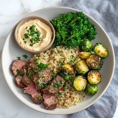 Healthy grilled steak quinoa and brussels sprouts a culinary delight in bright light