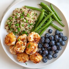 Healthy dinner inspiration quinoa chicken blueberries & green beans with bright photography