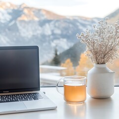 Morning tea ritual mountain view office lifestyle scene cozy environment indoor viewpoint
