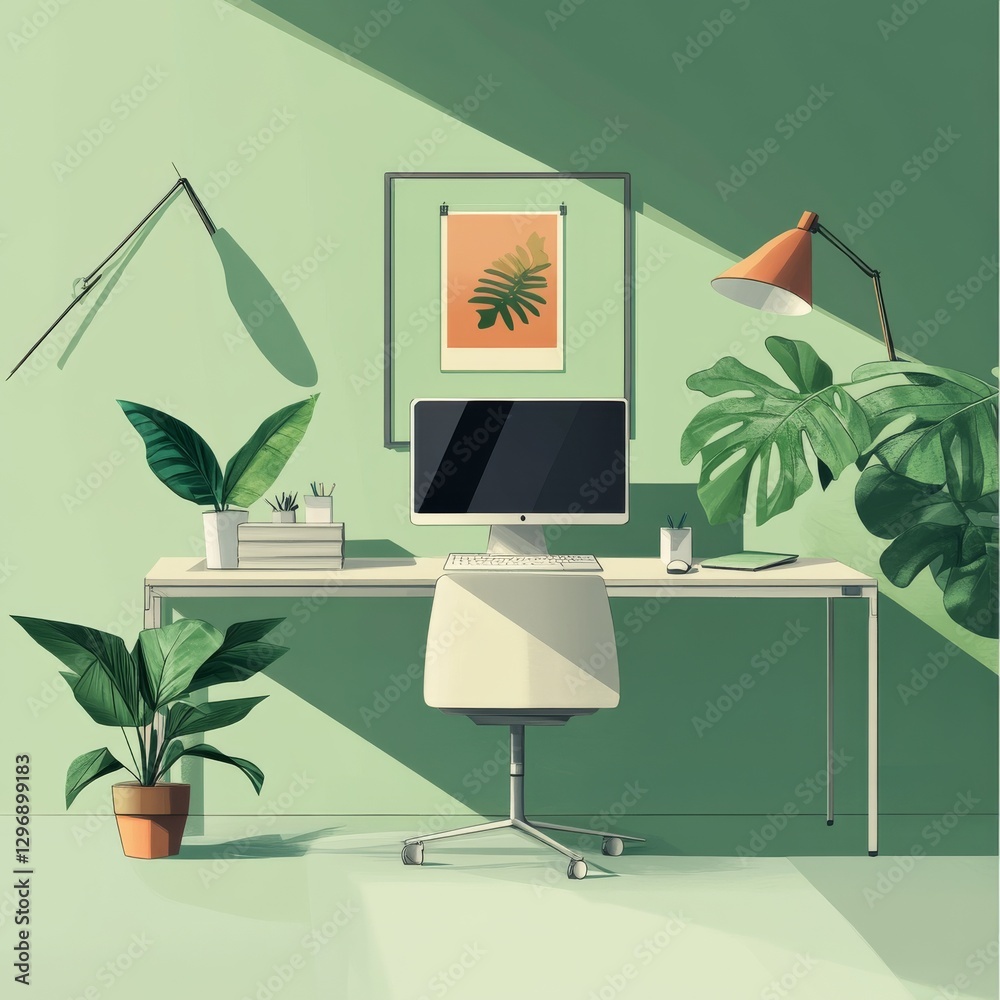 Poster Green Serenity: A Modern Workspace with Indoor Plants and Gentle Lighting Creating a Calm and Focused Environment.