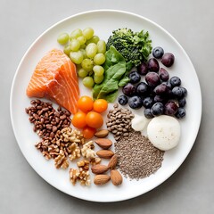 Healthy food choices kitchen table food arrangement bright lighting overhead view nutrition concept