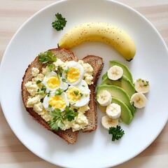 Delicious breakfast inspiration scrambled eggs on toast with banana and avocado