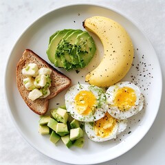 Healthy breakfast ideas eggs avocado banana and toast in a bright kitchen setting
