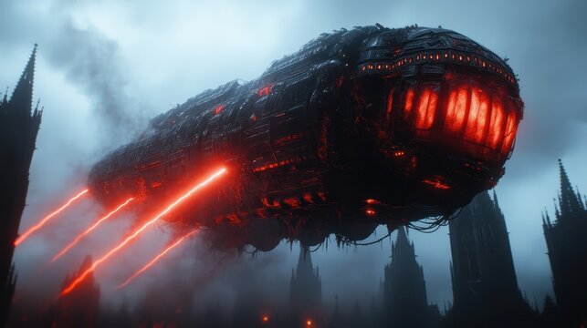 An imposing alien spaceship looms over gothic architecture, shrouded in mist and darkness, creating a chilling yet captivating atmosphere of otherworldly presence and intrigue.