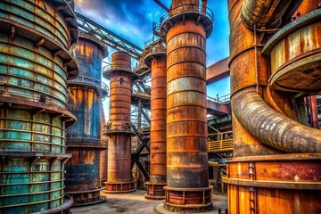 Urban Exploration: Industrial Concrete Columns, Spiral Steel Reinforcement, Round Steel Stacks