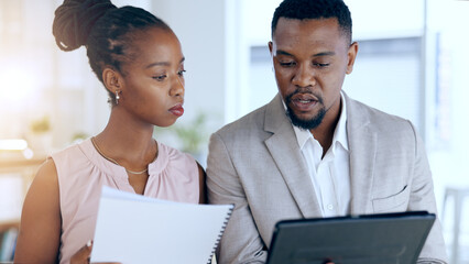 Business people, teamwork and tablet documents with tablet for financial management, planning and data comparison. Professional african manager and woman talking with digital technology and paperwork