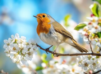 Obraz premium European Robin Perched Gracefully on Flowering Branch with Delicate White Blossoms and Soft Blue Background in a Serene Spring Setting