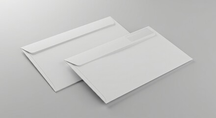 Two white envelopes placed on a smooth, light grey surface. One envelope has a transparent window, while the other is plain, both with closed flaps.