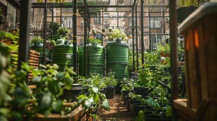 Greenhouse Filled with Lush Plants and Water Storage Tanks