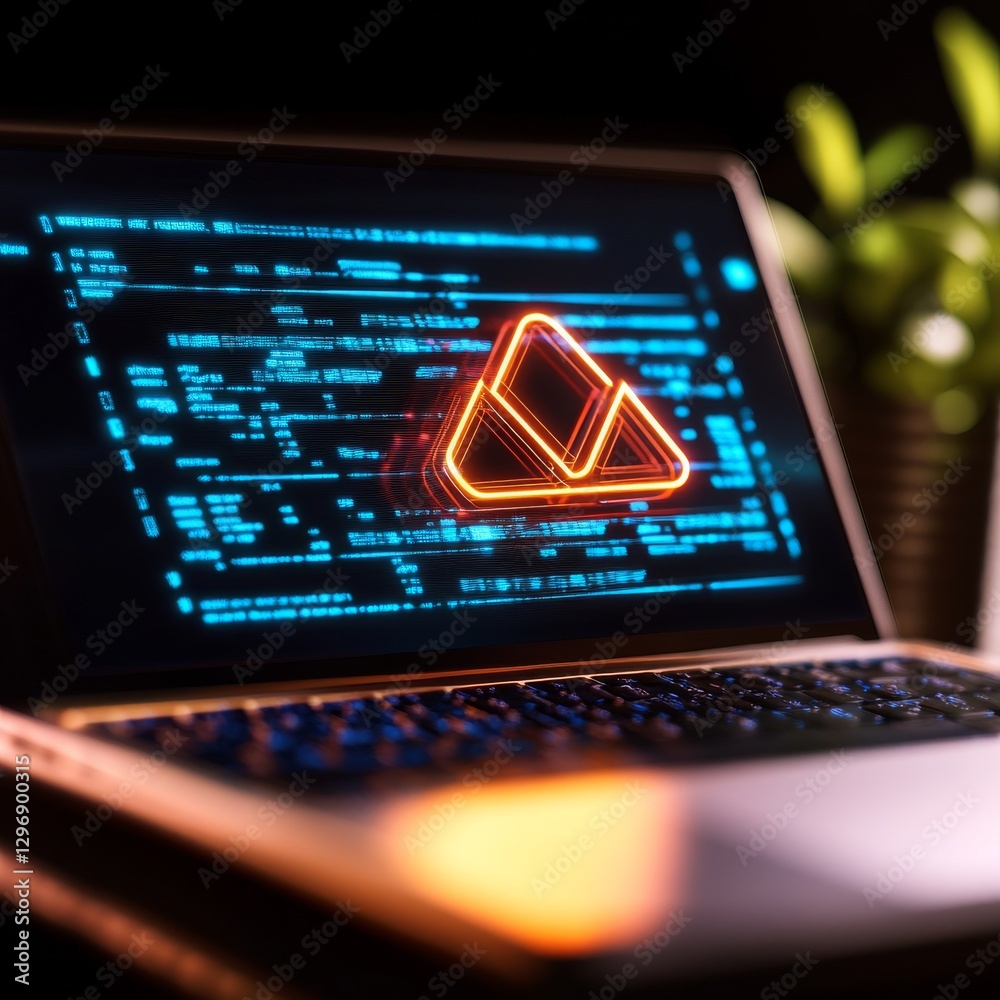 Poster laptop display showing code with luminous logo in orange and cyan, plant in the background, and illu