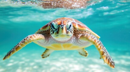 Fototapeta premium Close-Up Underwater View of Majestic Sea Turtle Gliding Through Clear Turquoise Waters