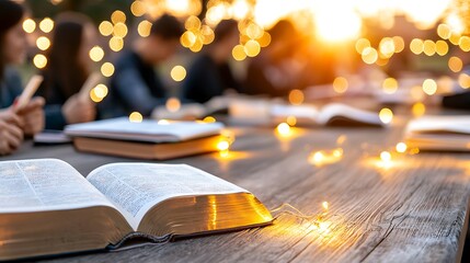 Evening reading gathering outdoor setting book focus warm environment close-up community connection