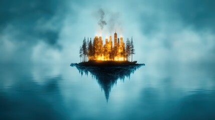 A captivating futuristic cityscape, illuminated with warm lights against a backdrop of misty fog, evokes feelings of mystery and the allure of an unknown world.