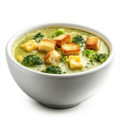 Photorealistic broccoli cheddar soup with croutons in high resolution