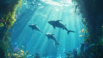 Majestic Underwater World Illuminated by Sunlight with Graceful Whale Sharks and Lush Coral Reefs