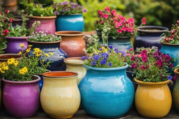 Vibrant flowerpots bloom with colorful blossoms, bringing nature's beauty to any setting. A collection of decorative pots and pretty plants.