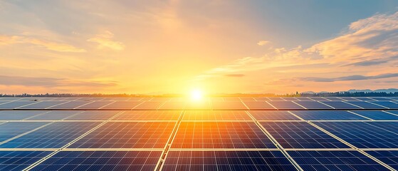 Harnessing solar energy solar panels reflecting sunset in an open field nature's power tranquil view © 333