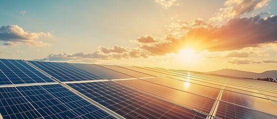 Solar panels absorbing sunlight renewable energy farm nature outdoor sunrise sustainability