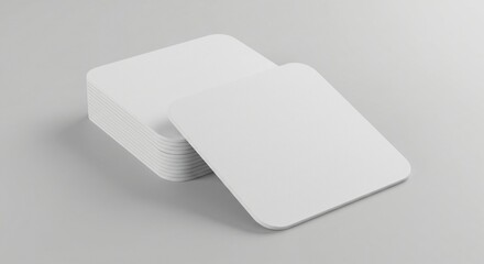 A stack of blank white square coasters with rounded edges on a neutral background, with one coaster slightly lifted, highlighting texture and depth.