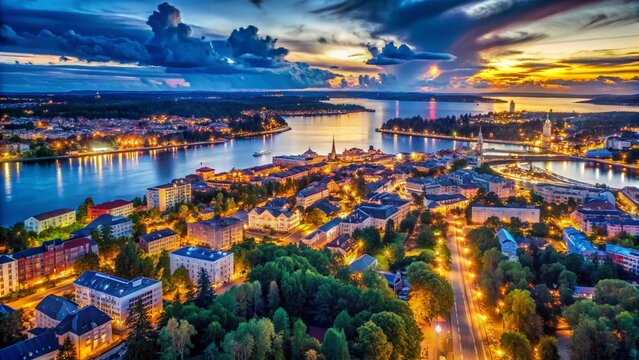 Vaasa Finland Night Aerial Panoramic View - High Altitude Cityscape at Twilight