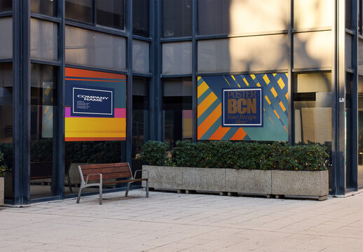 Billboards Ready for Design Outside Office Buildings in Barcelona. Real reflection in glass