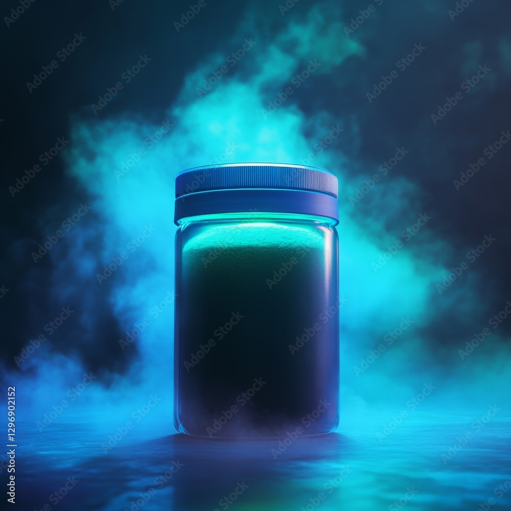 Poster mysterious jar in teal fog: a container filled with secrets under enigmatic, moody lighting