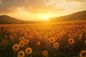 Fototapeta premium Golden Sunflower Field at Sunset for Seasonal Greeting Cards – Generative AI