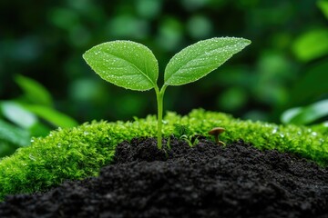 Delicate seedling emerging from dark soil, surrounded by lush gr