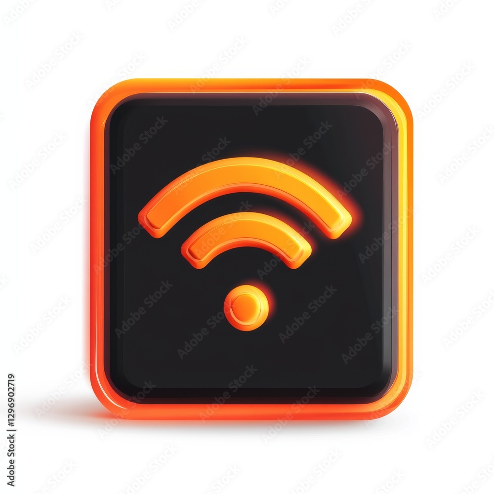 Poster orange wifi symbol on dark square, wireless connection icon isolated on white background.