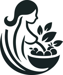 Prenatal Food Logo, Silhouette Illustration of a Pregnant Woman with Healthy Food - Minimalist Vector