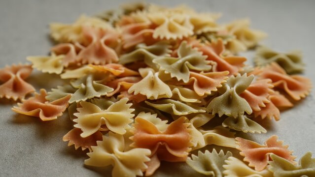 Colorful bowtie pasta scattered on a concrete surface creating a vibrant contrast.