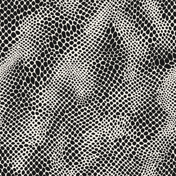 Snake skin seamless pattern. Simple black and white vector background with spots, dots. Animal skin texture, reptile pattern, lizard, cobra, python leather. Fashionable print. Repeated organic design