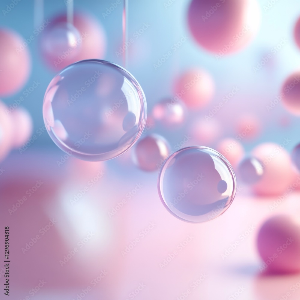 Poster serene spheres: a dreamy abstract composition with floating pink and transparent orbs on a pastel bl
